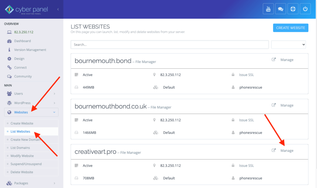 CyberPanel Website manage