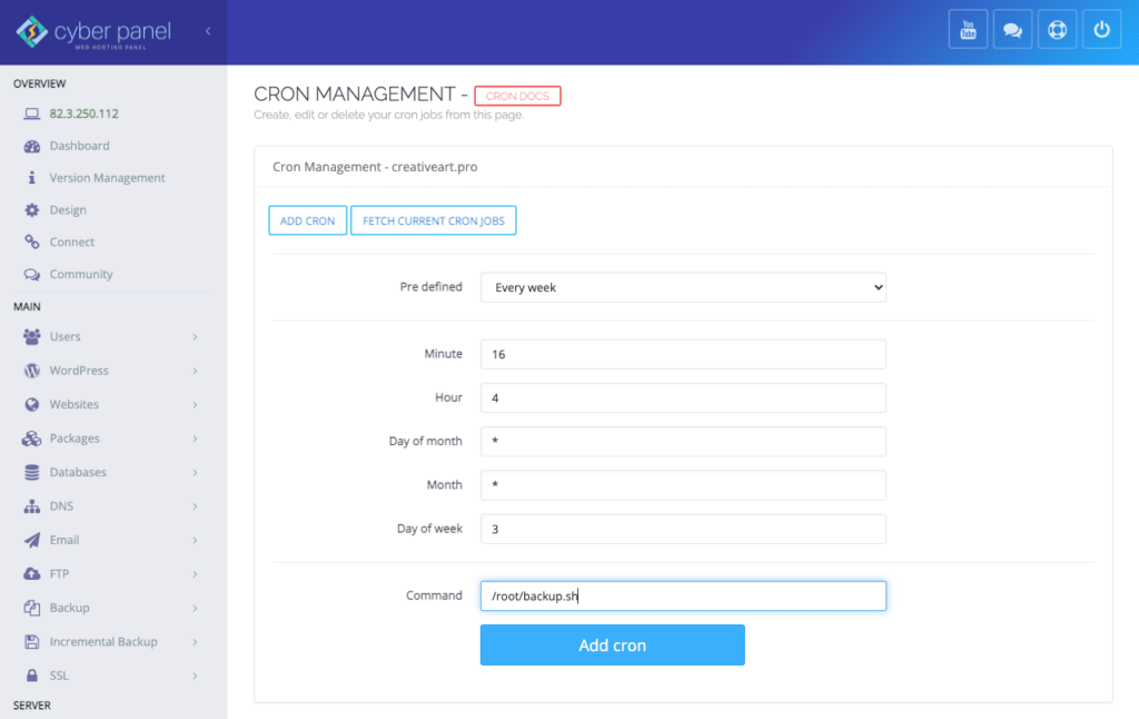CyberPanel WordPress cron weekly