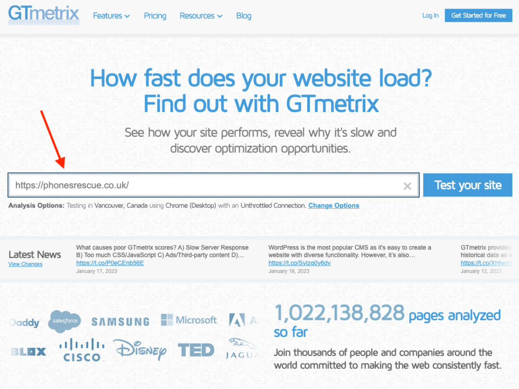 GTMetrix adres strony. Kod JavaScript