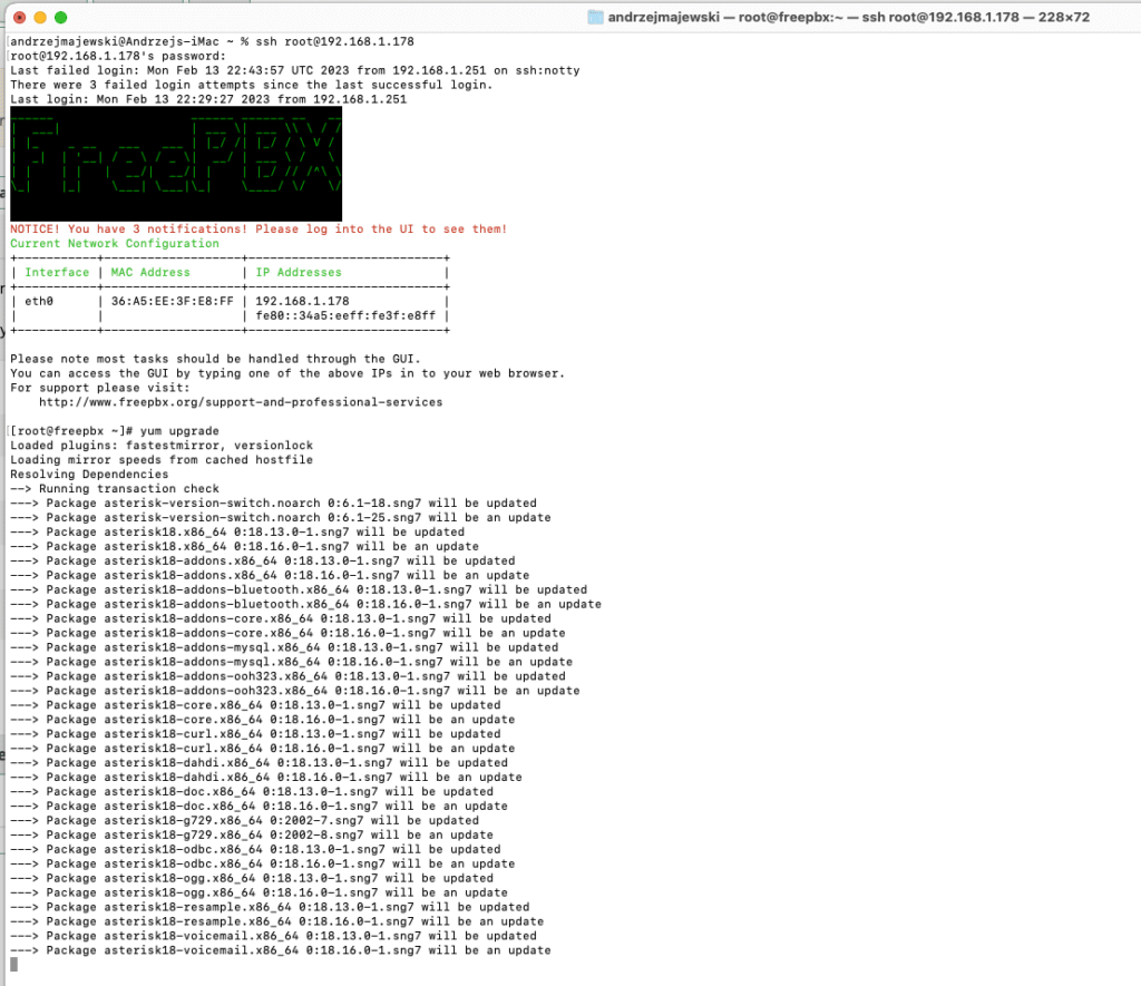FreePBX pierwsze kroki część 2 6 Aktualizacja SSH