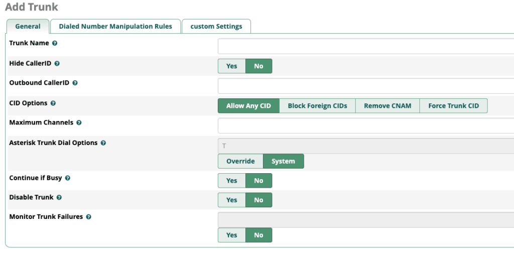 FreePBX SIP Trunk General