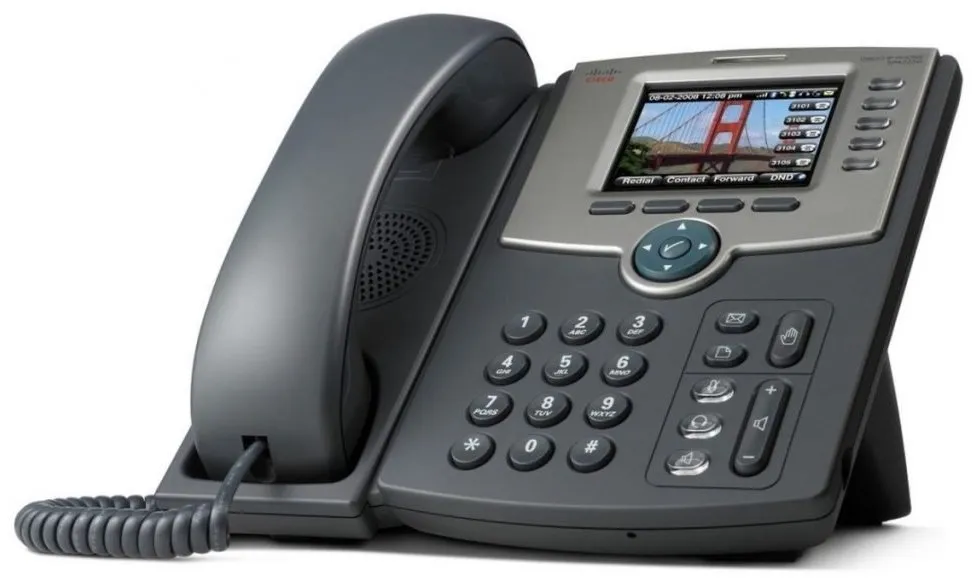 A Cisco SPA525G2 VoIP phone featuring a colour display, keypad, and various function buttons for FreePBX