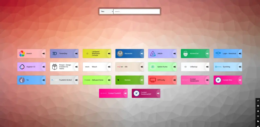 A dashboard interface displaying various application shortcuts, including icons for services like Jellyfin, Nextcloud, and Uptime Kuma, arranged in a colorful grid layout.