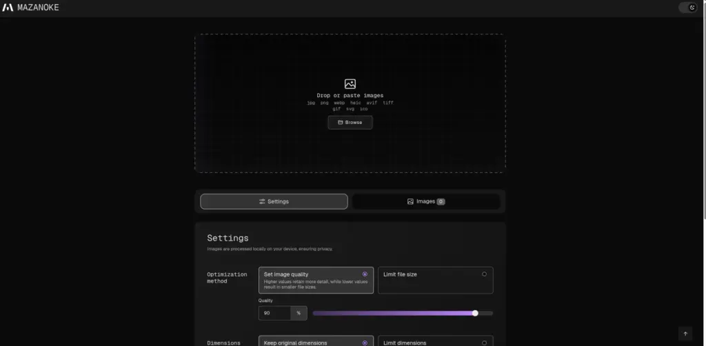 Screenshot of the Mazanoke image optimization tool interface, featuring options to drop or paste images, adjust image quality settings, and optimize dimensions.