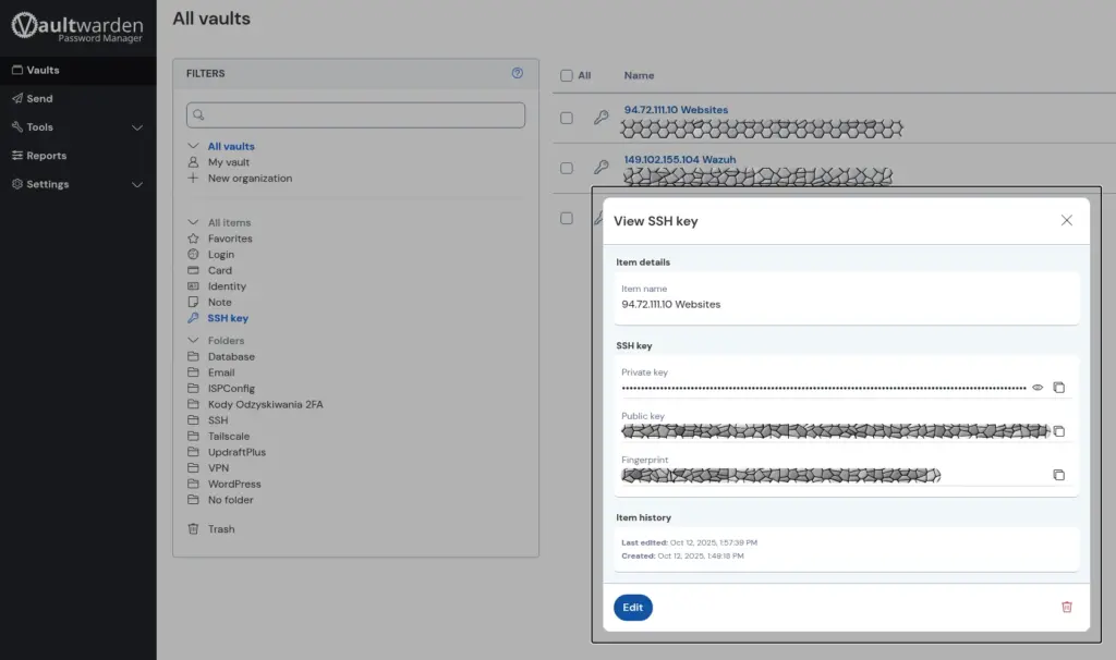 SSH Key Vaultwarden